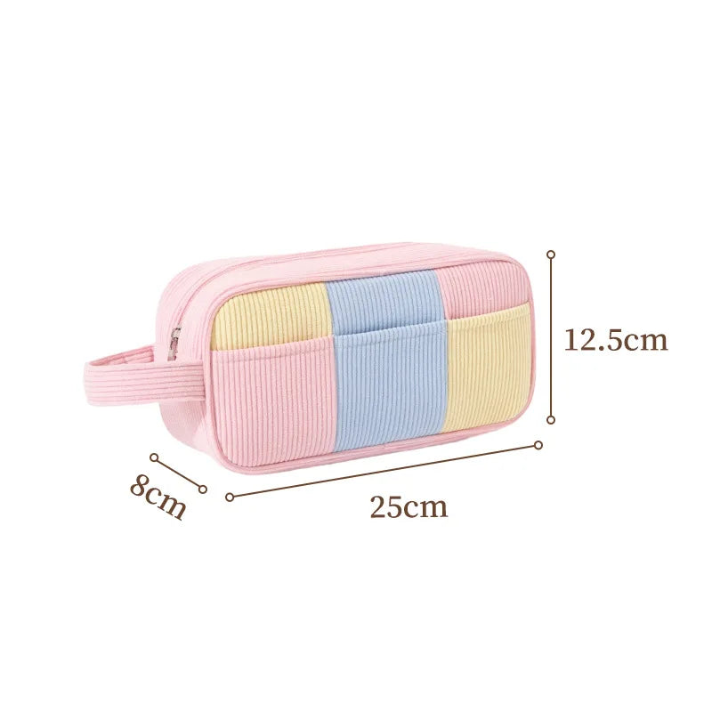 A New double-layer makeup bag, corduroy travel partition makeup brush storage bag, handheld large capacity toiletry bag Qme Portable Pink