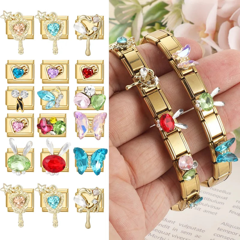 2026 Fashion Unique Colorful Luxury Gems Zircon Gold Color Italian Charm Links Fit 9MM Stainless Steel Bracelet DIY Making Gifts Qme