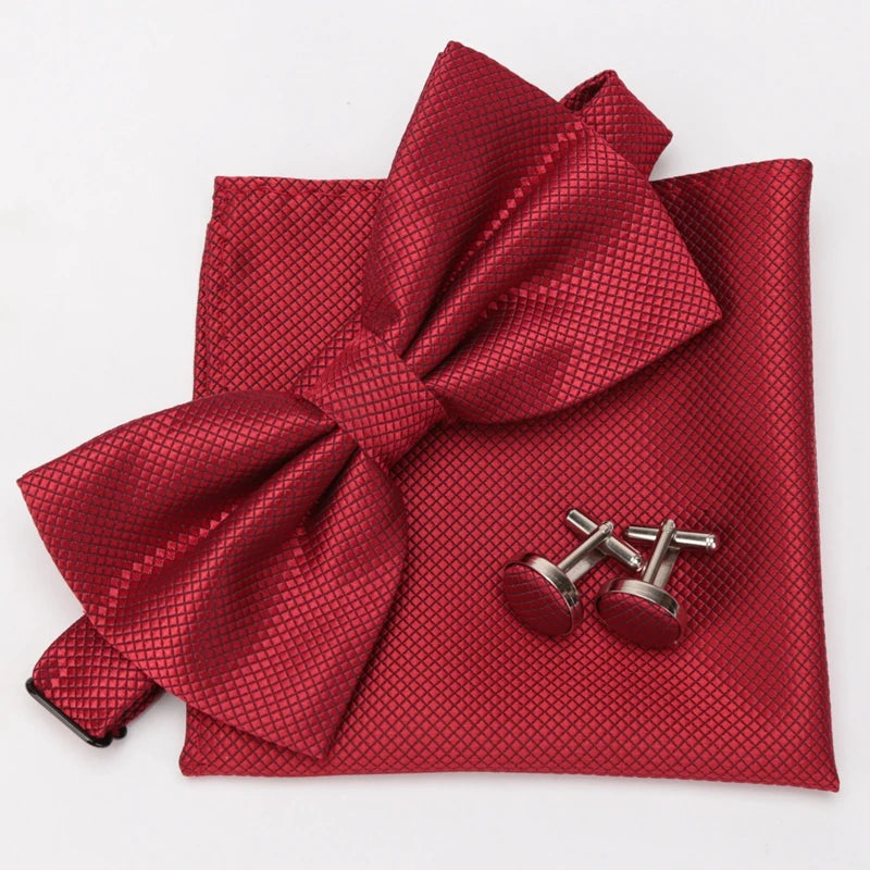 Men Bowtie Plaids Classic Fashion Wedding Party Formal Cufflinks Bow Qme wine red