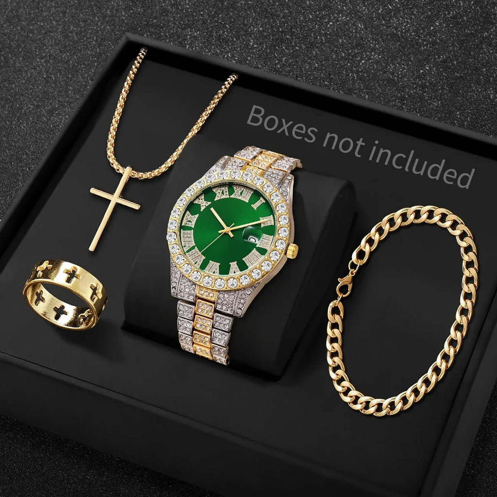 Men Iced Out Watch 4Pcs Jewelry Set Cross Necklace Ring Cuban Bracelet Hip Hop Gift Qme