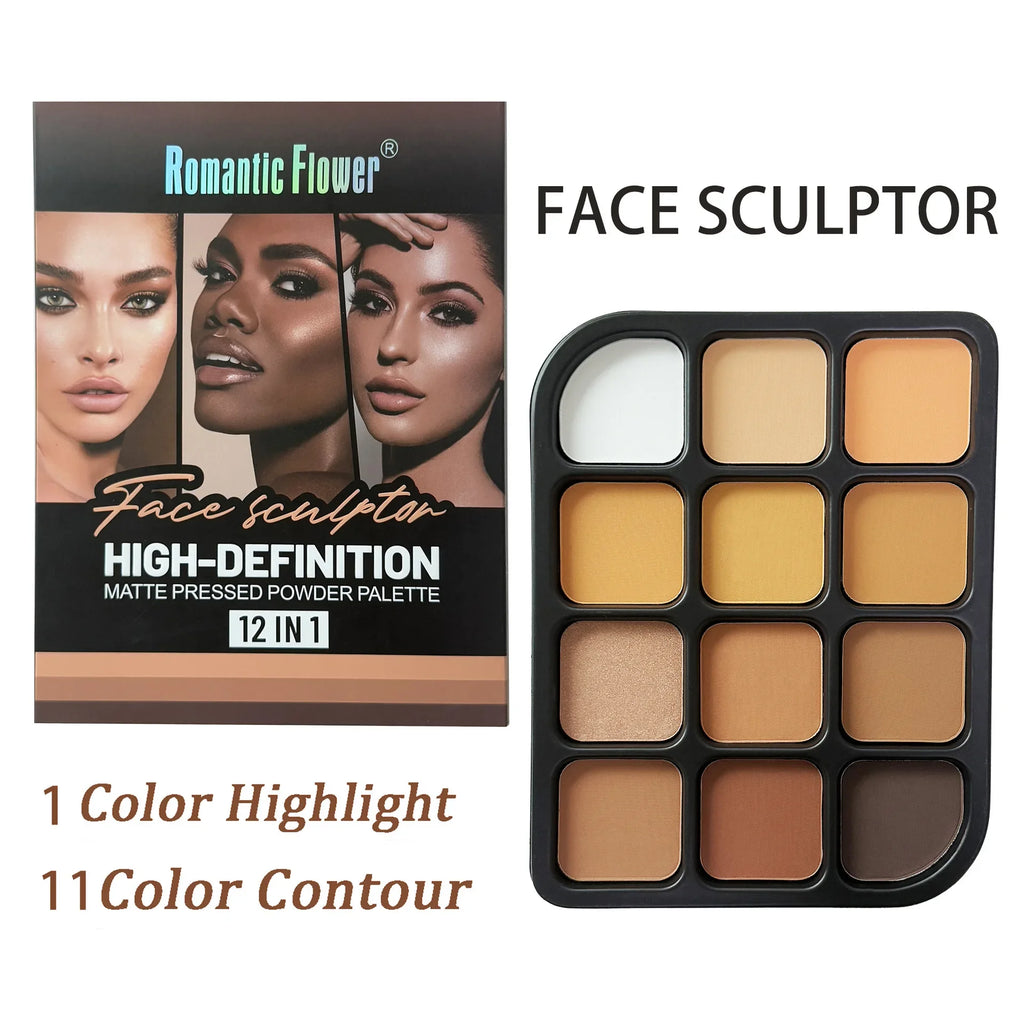 Deep Skin 12-Color Matte Contour Palette - Full Coverage All-In-One Highlighter Shading & Powder Face Makeup Kit Qme