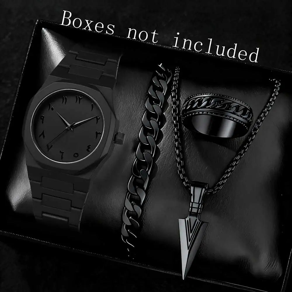 Men's all black octagonal Arabic numeral watch Cuban bracelet cross necklace ring four piece set, not including gift box Qme Black C