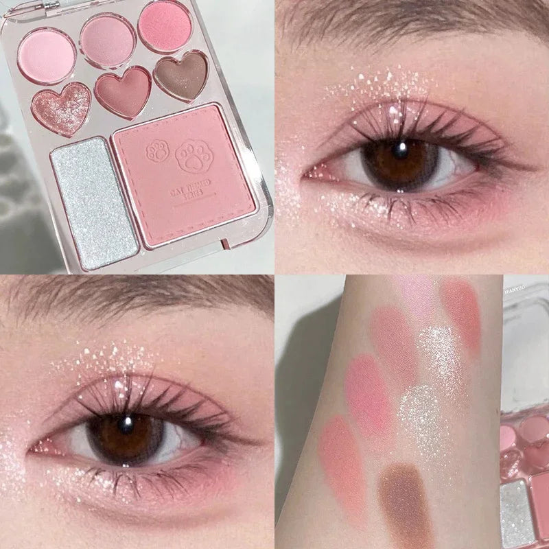 8-color Love Heart Eyeshadow Palette Pearly Glitter Shiny Highlighter Shadow Shimmer Gray Pink Blush Eyeshadow Brighten Make Up Qme