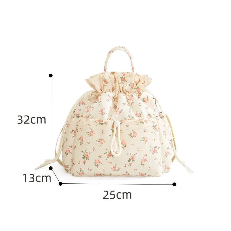 A High appearance drawstring lunch bag, student office worker insulated lunch box bag, hand-held large capacity lunch bag Qme Beige floral