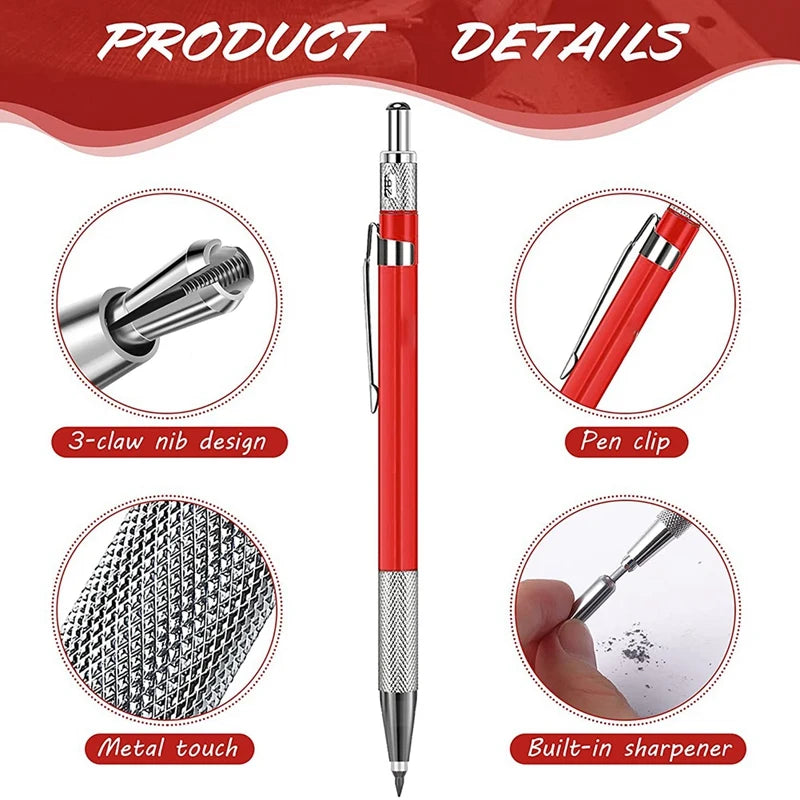 Welders Pencil With 12PCS Silver Streak Refills, Metal Marker Mechanical Welding Pencil Pipefitters, Fabrication, Red Qme