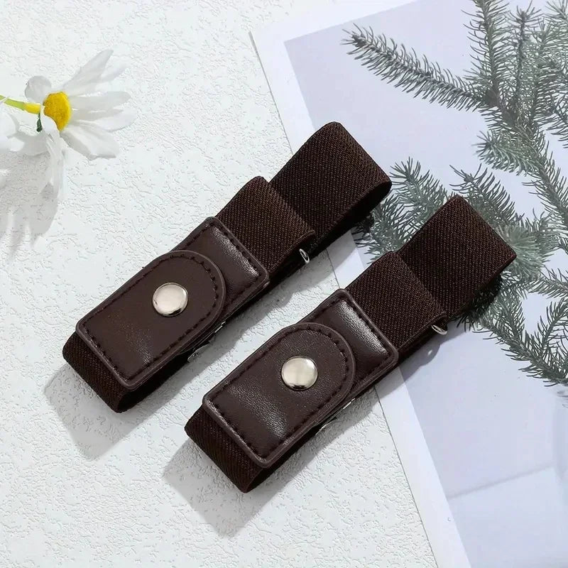 2pcs/set No Buckle Elastic Belt For Women Men Unisex Stretch Belt For Pants Jeans Casual Buckle Free Adjustable Invisible Belt Qme Brown