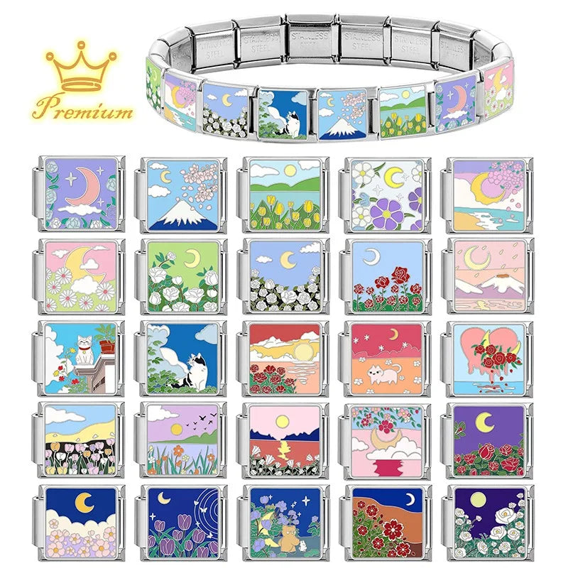 Drop Shipping 2026 Romantic Dreamy Moon Flower Sea Italian Charm Links Fit 9mm Stainless Steel Bracelets Wholesale Jewelry DIY Qme