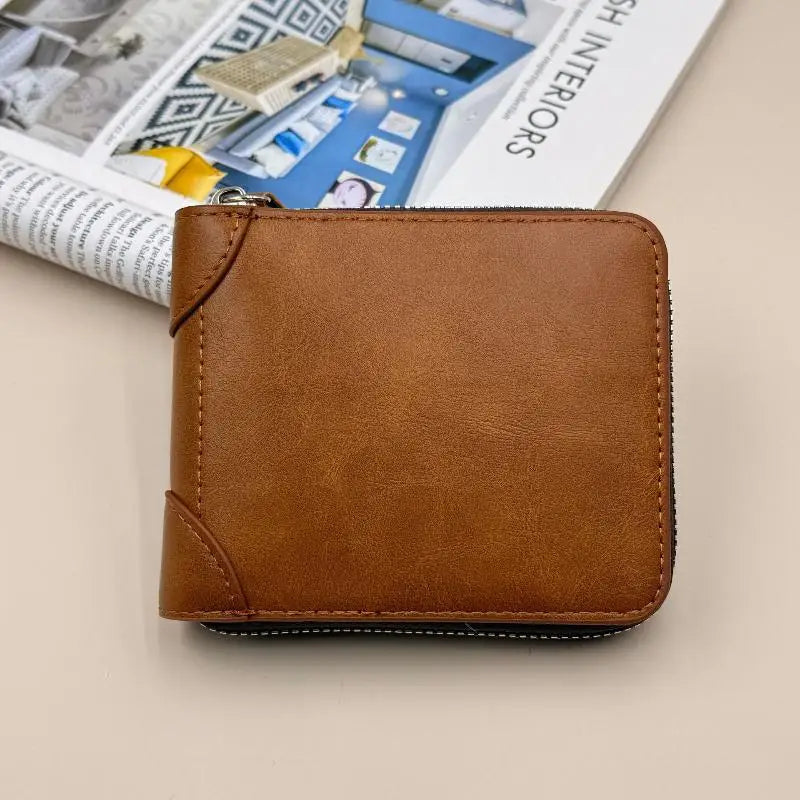 Men Wallets Leather Zipper Purse Man Slim Card Horders Male Short Qme Brown