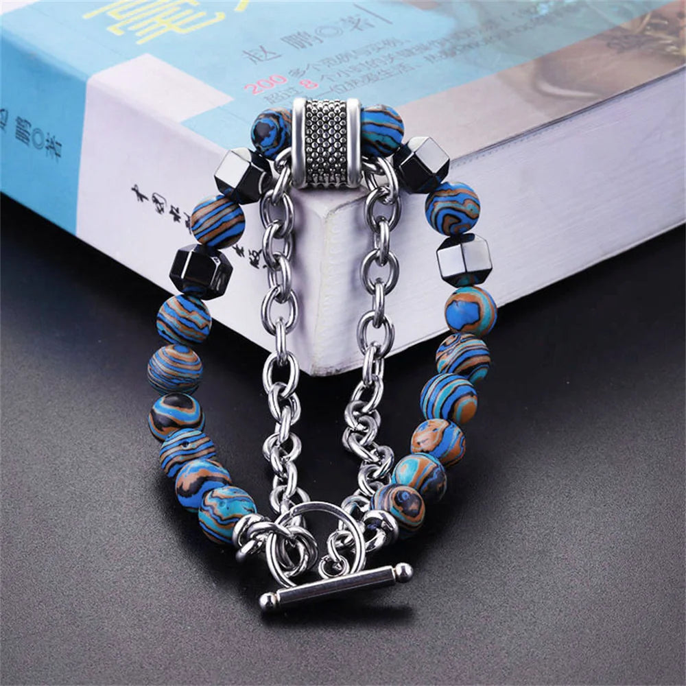 New Cool Fashion Peacock Stone Black Gallstone Metal Bead Bracelet Hip Hop Punk Daily Matching Jewelry Trend Accessories Qme