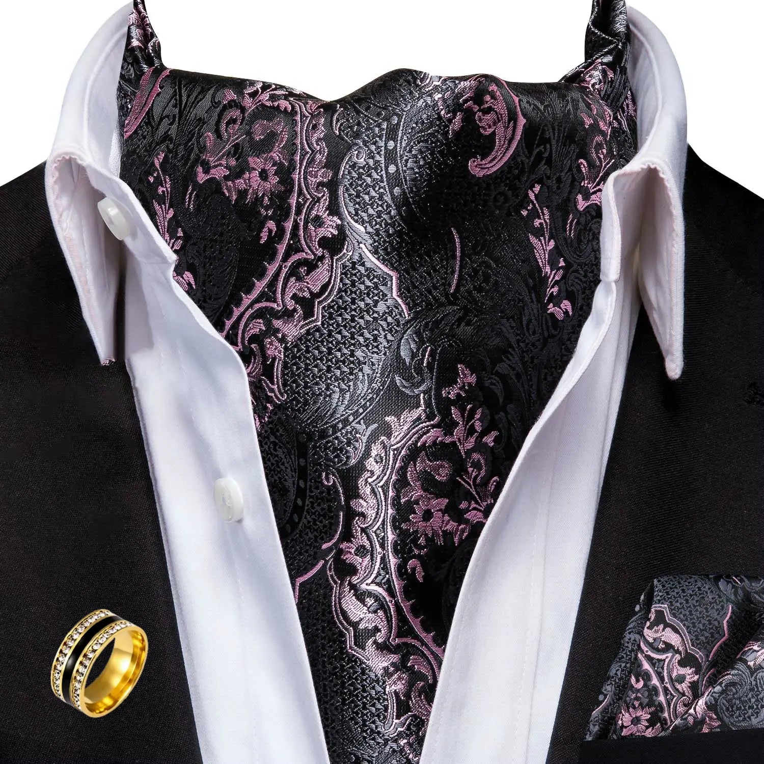 Ascot Tie Set, Classic Cravat with Pocket Square & Decorative Ring, Fashion Men's Neck Accessories Wedding Party silk Daily Wear Qme AS-1054-JZ0020