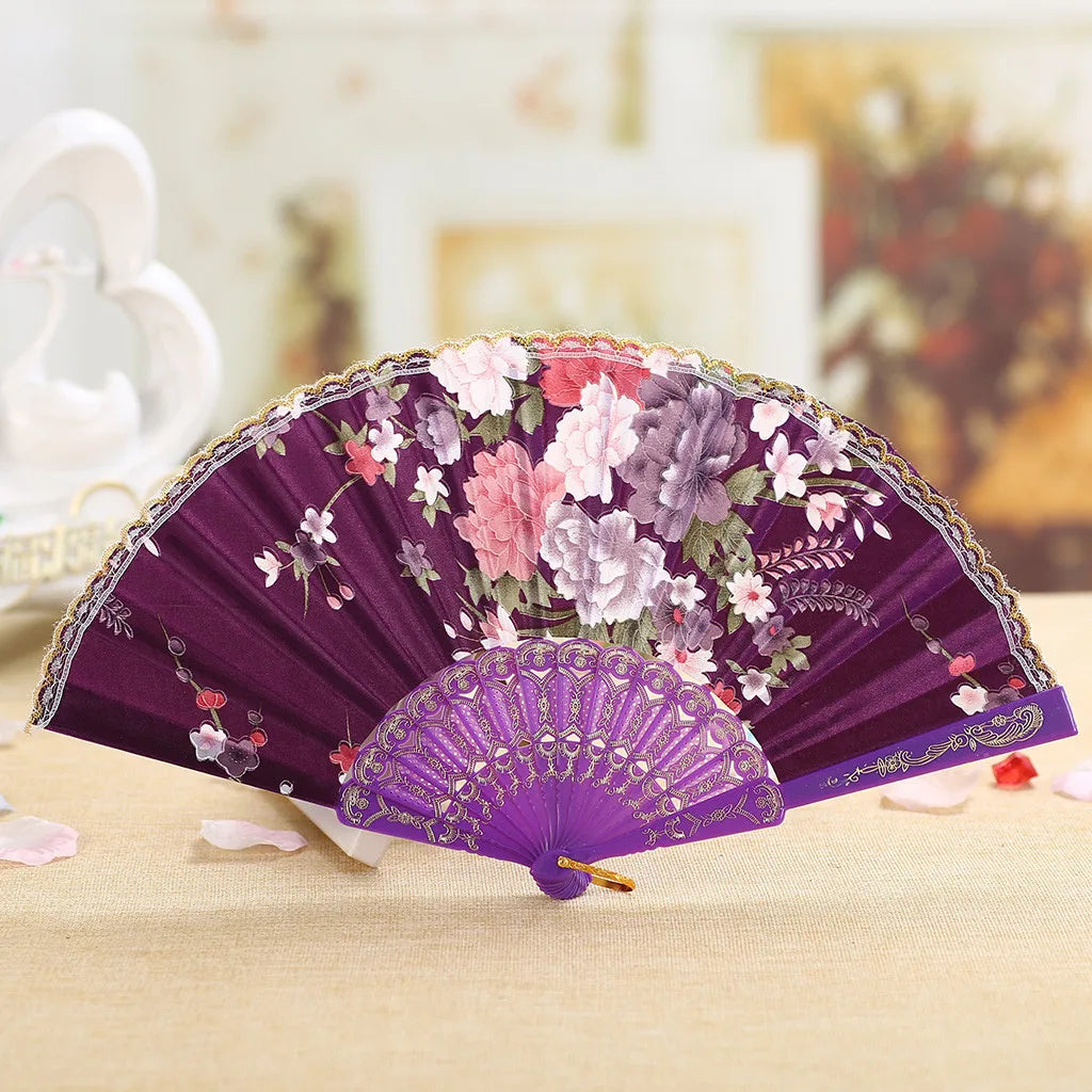 Best Dance Wedding Party Lace Silk Folding Hand Held Flower Fan Multi Color Patterned Plastic Folding Fan Dance Fan Qme Purple
