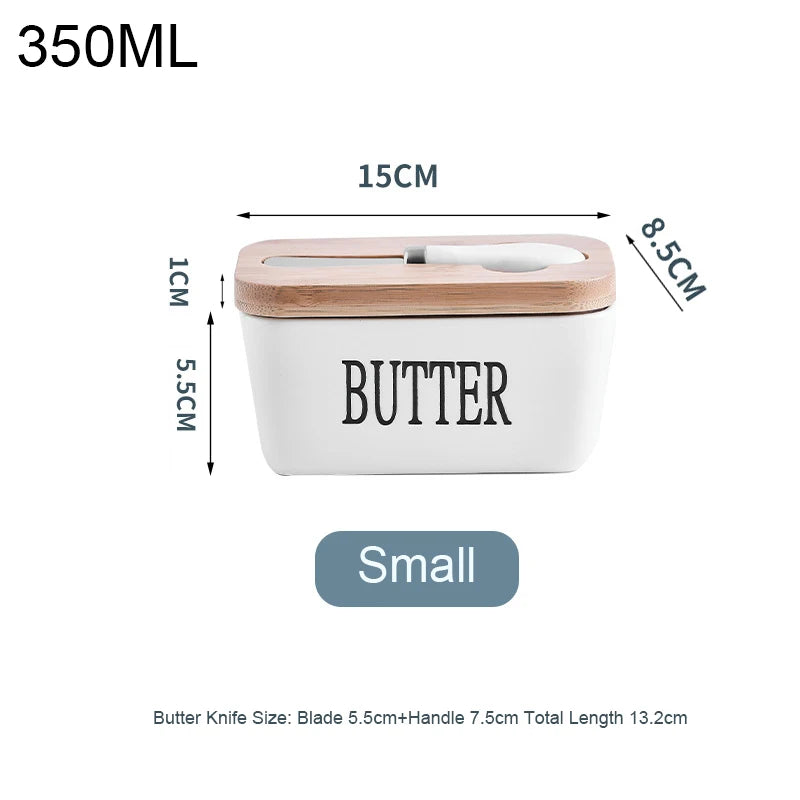 Ceramic Butter Container Box Restaurant Sealed Storage Box Cheese Box with Knife Bamboo Lid Butter Slicer Butter Dish Tableware Qme 350ml