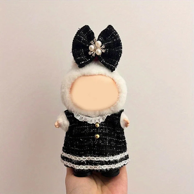 2-piece labubu doll outfit, suitable for 15cm and 17cm seated doll outfits, dress up with Xiaoxiang set, skirt accessories Qme black