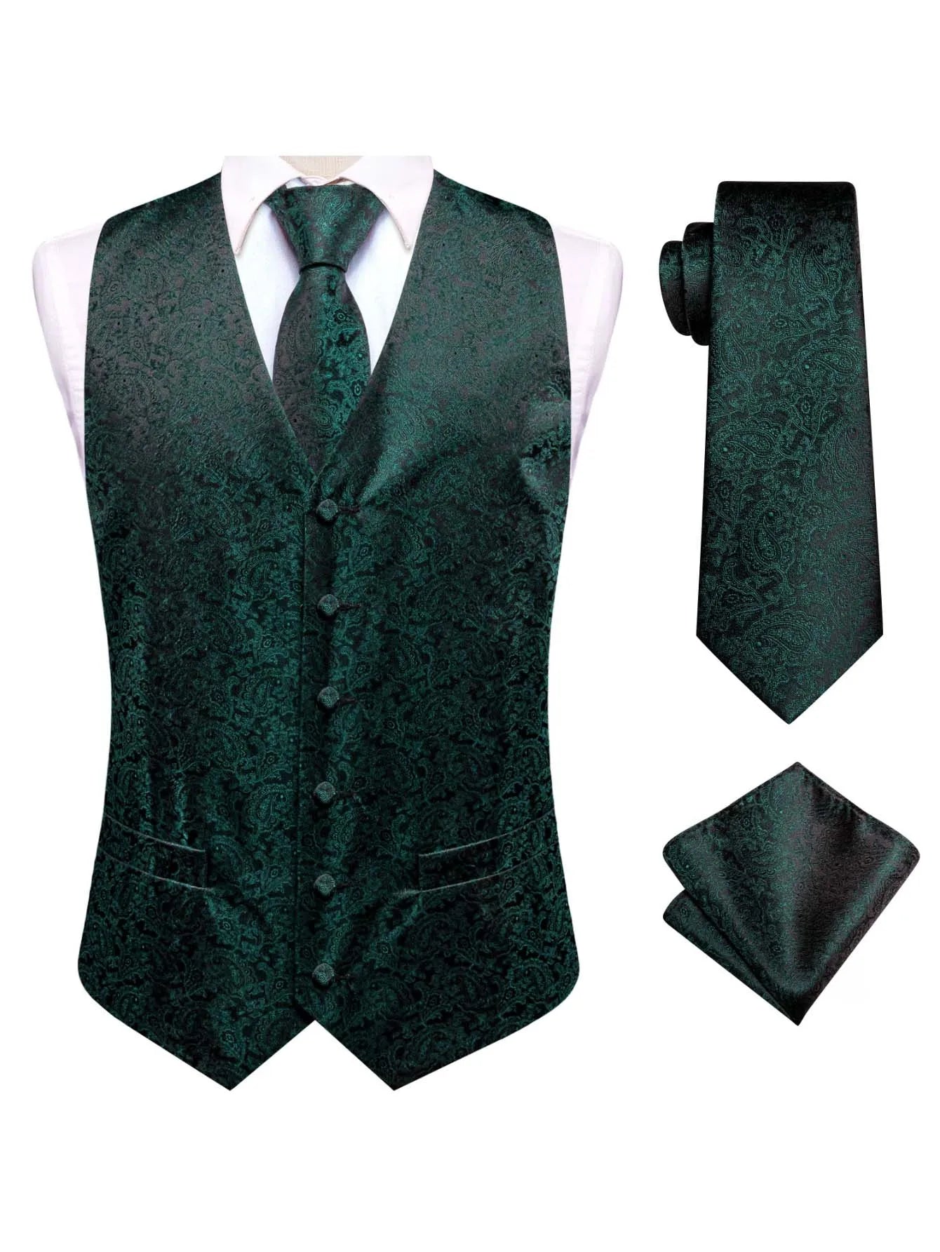 Green Men Vest Three-piece Suit Dress Waistcoat Tie Pocket Square Qme MJ-3229 M