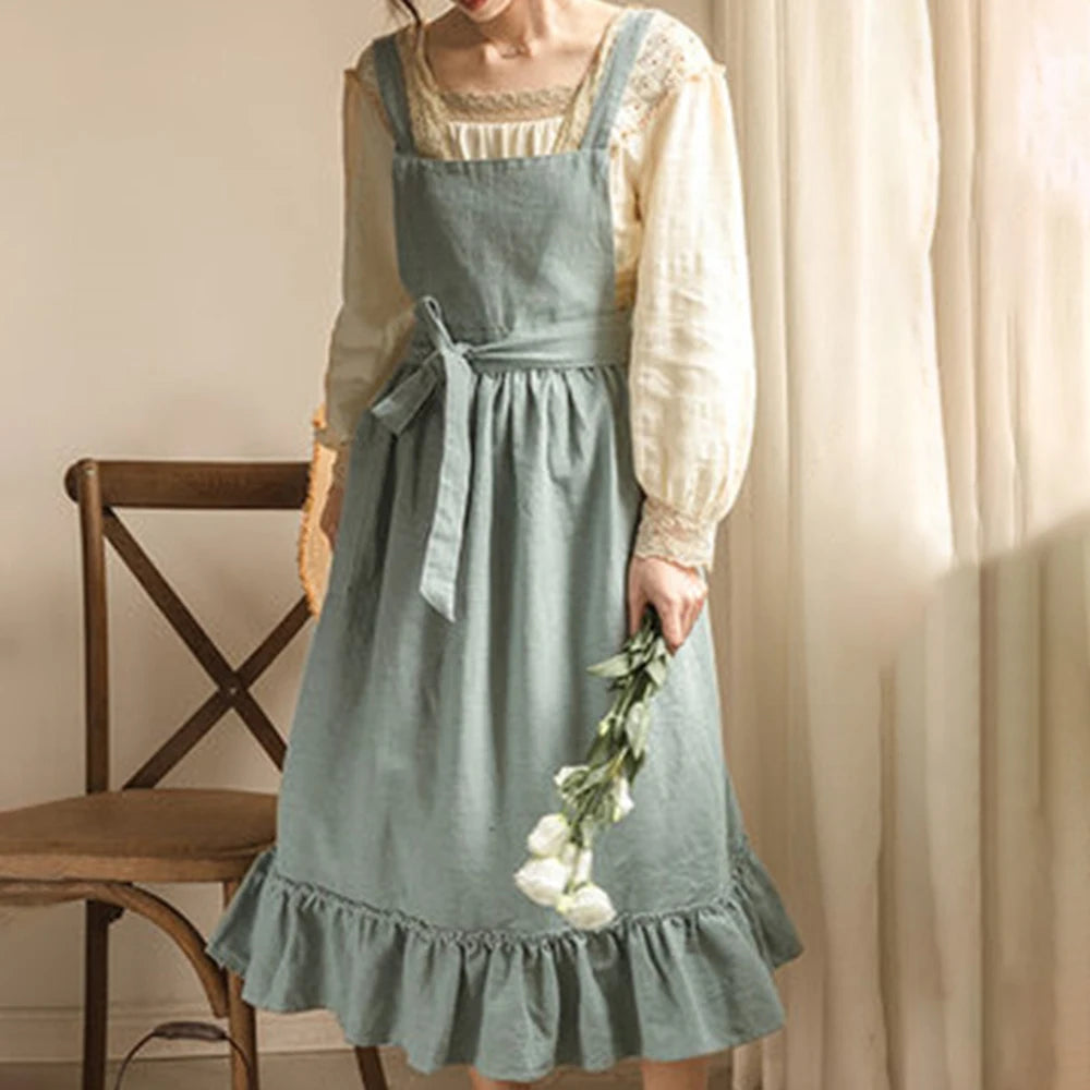 French Pastoral Florist Artsy Cotton Linen Vintage Apron Kitchen Baked Nordic Solid Color Ruffled Apron Home Qme blue