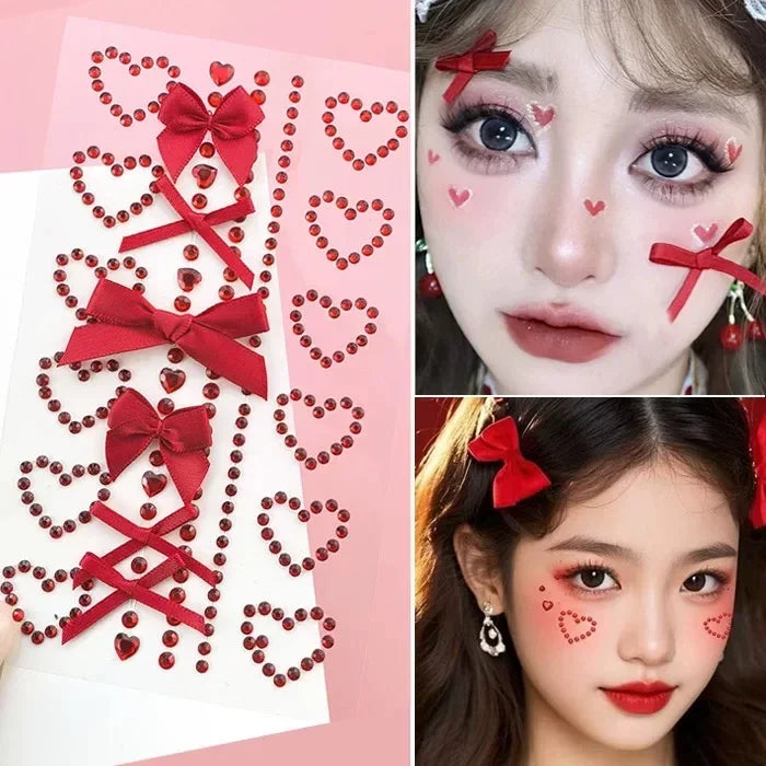 White Ribbon Bow Fashon Pearl Face Stickers Hollow Heart Pink Crystal Diamond Tattoo Stickers Body Arts Party Festival Makeup Qme Red