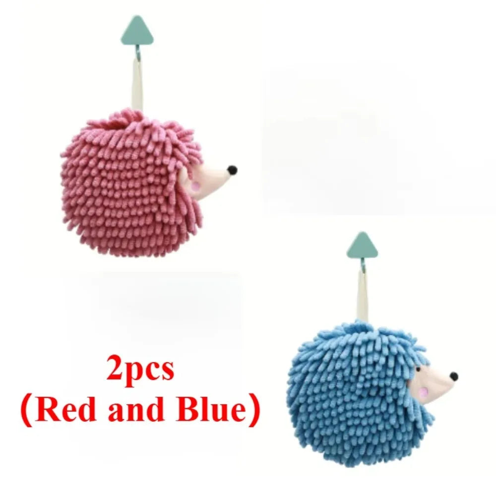 Chenille Fuzzy Ball Hand Towels Hedgehog Cartoon Towels Absorbent Funny Hanging Hand Drying Towel with Loop for Bathroom Kitchen Qme 2PCS(Red Blue)