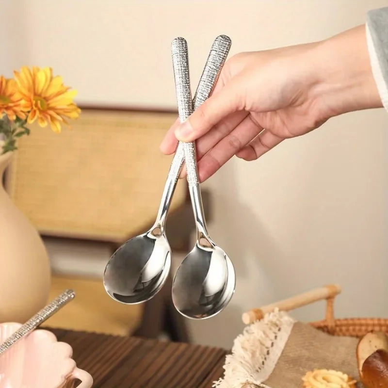 8pcs Stainless Steel Long Handle Spoons, Hammered Texture, Soup Spoons, Tea Spoons, Dessert Spoons, Coffee Spoons Qme