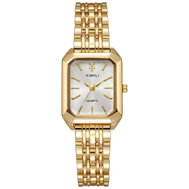 2024 marca quente pulseira de aço inoxidável relógio feminino presente luxo quartzo relógio de pulso estudante moda simples Qme golden white