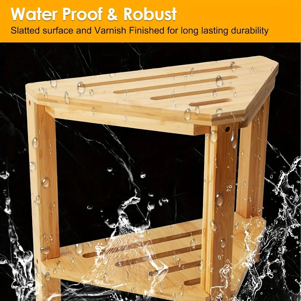 Shower Foot Rest Wood Shower Stool for Shaving Legs Waterproof Corner Shower Stool with Storage Shelf for Inside Shower Spaces Qme