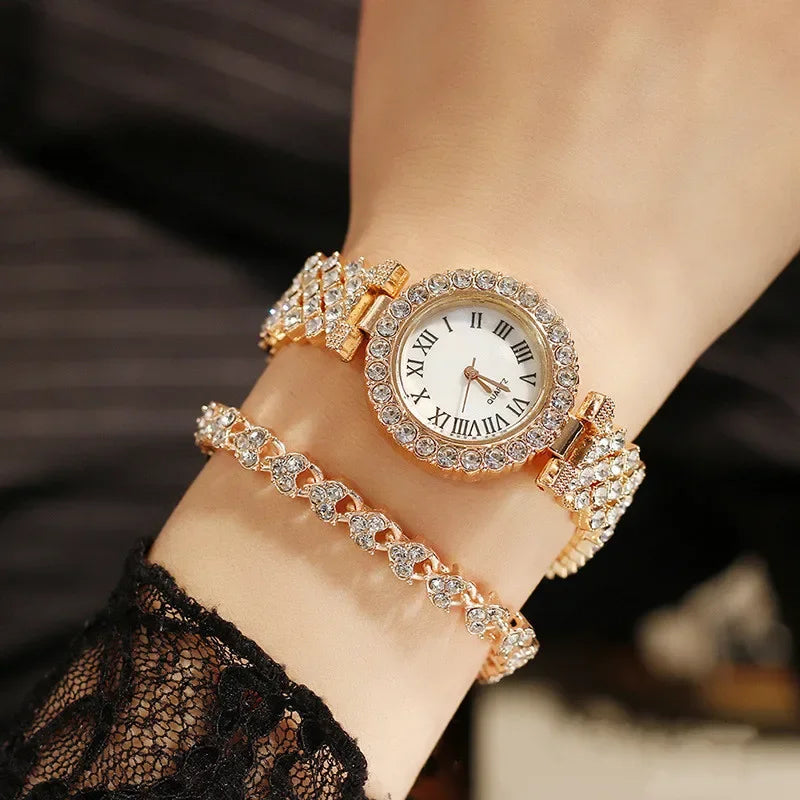 2-piece luxury rhinestone watch set for women, fashionable watch set for women Qme