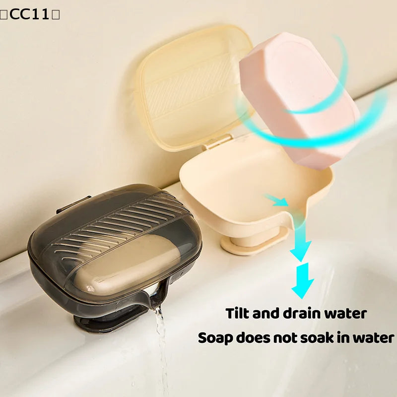 Sucker Soap Dish Holder Lid Self-draining Tray Case Portable Qme