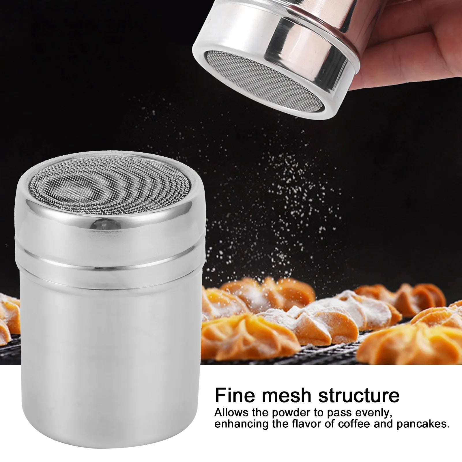 Fine Mesh Powder Shaker Stainless Steel Chocolate Coffee Sifter for Kitchen Baking Cooking Powder Dredger Powder Sugar Shaker Qme