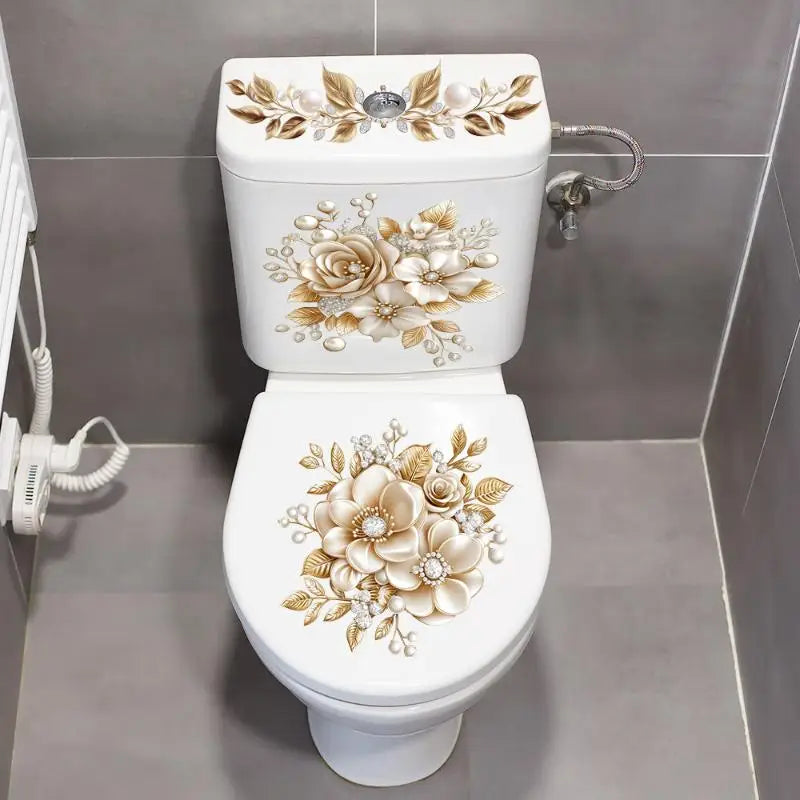 .Luxury Gold Pearl Floral Toilet Sticker Waterproof Self-Adhesive Bathroom Decor Sticker Wall Stickers Home Decoration Stickers. Qme