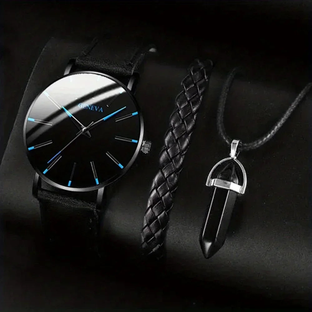 3pcs/set 1 Round Men's Quartz Watch And 1 Bracelet 1 Necklace Qme Rose No