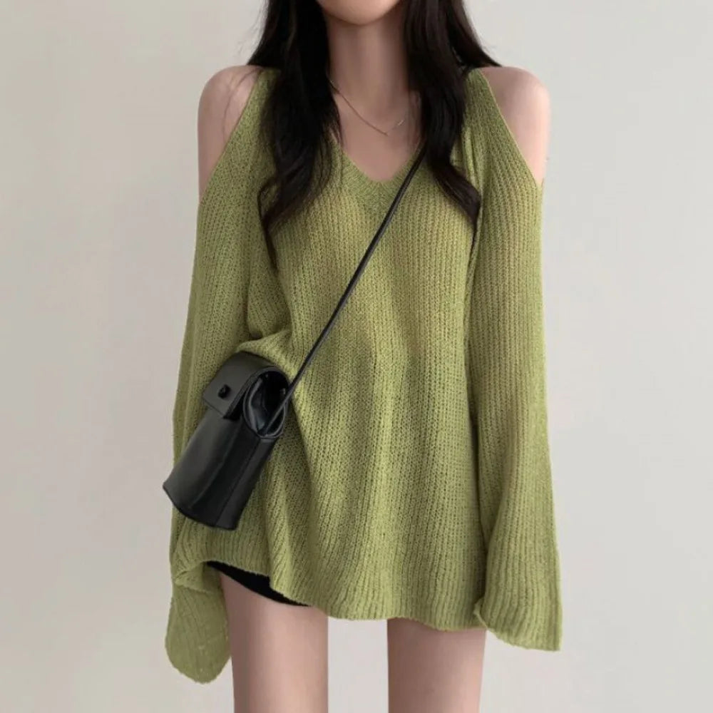 Chic Hollow Out Knit Long T-shirt Sleeve Pullover Crochet Knitwear Qme Green One Size