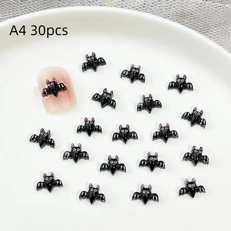 Halloween Nail Art Decorations Black Bat Spider Design Autumn Charms Qme A4 30pcs