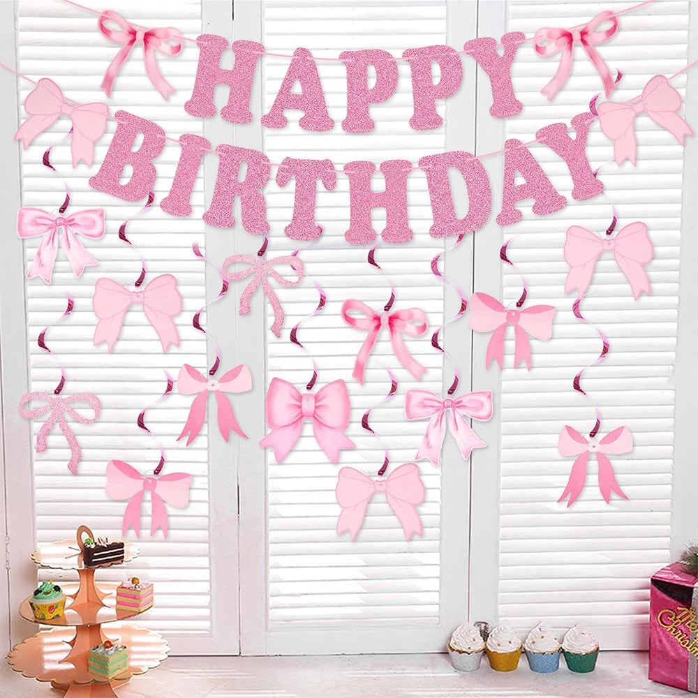 Bow Party Flag Decoration Set Pink/Blue/Black Bow Happy Birthday Banner Party Decor Bow Spiral Hanging Decor Scene Decor Props Qme