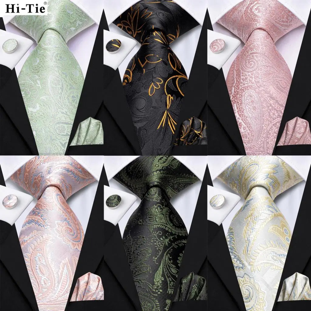 Hi-tie Men Fashion Paisley Sage Green Necktie Handkerchief Cufflinks Qme