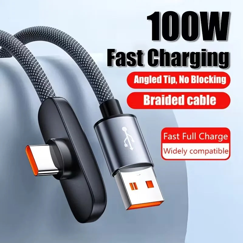90 Degree 100W Right Angle USB C Fast Charging Cable Type C Charger Cord for iPhone Samsung Xiaomi Phones Braided Nylon Cables Qme