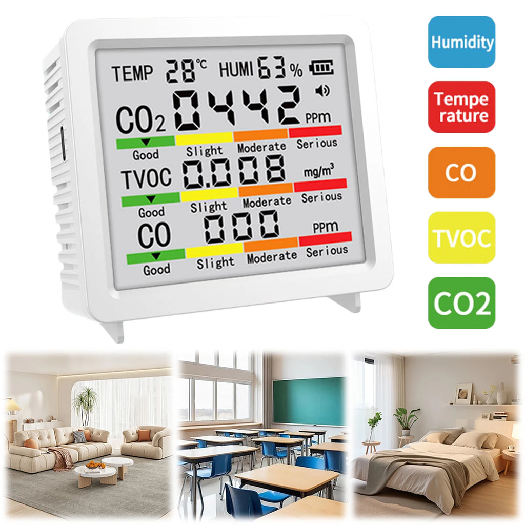 Portable Real-Time Detector TVOC Temperature Humidity CO CO2 Detection Portable Smart Air Quality Tester for Home Office Qme
