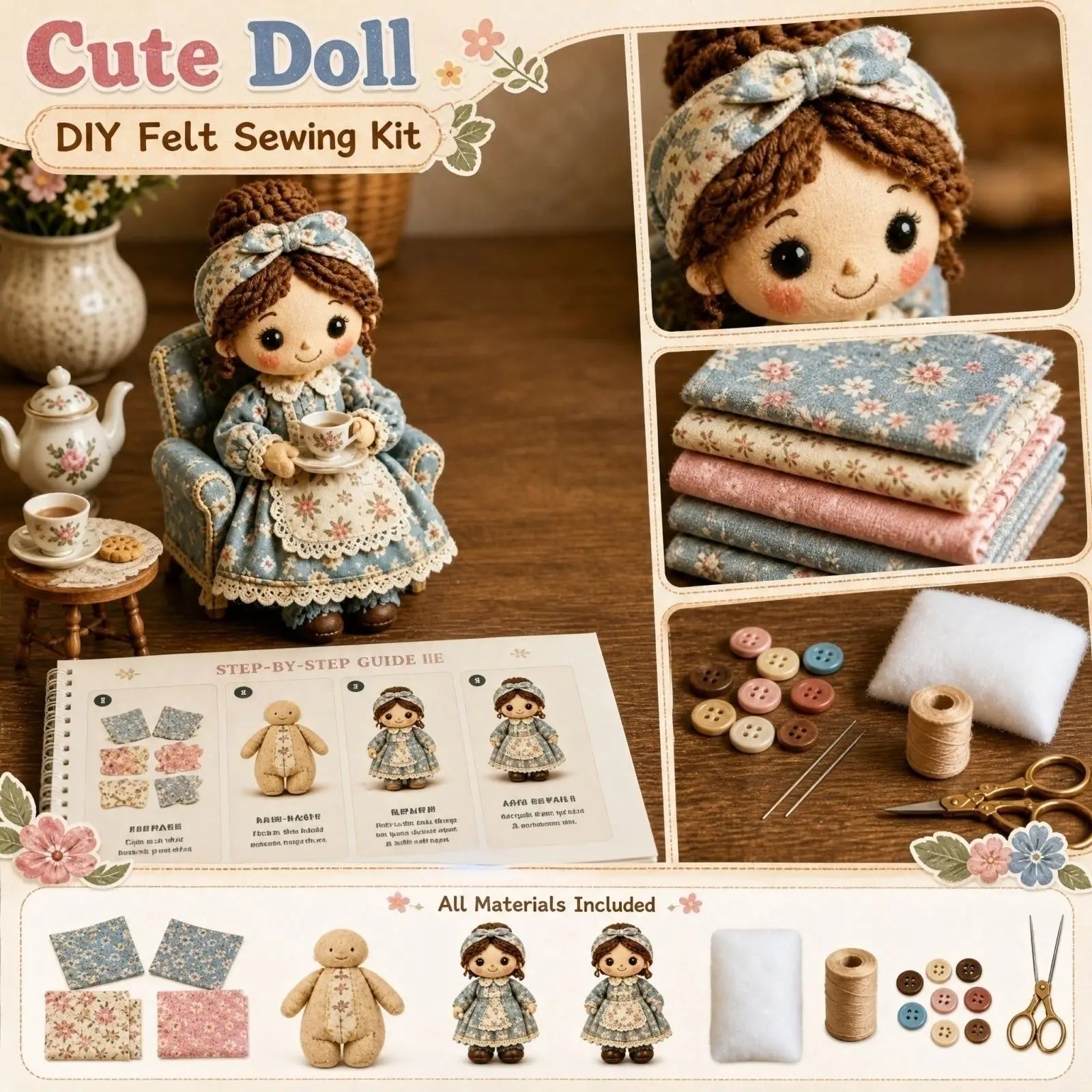 Doll Patchwork DIY Kit Complete Sewing Material Pack Fabric Accessory Set Handcraft Making Supplies for Beginner and Craft Lover Qme E One Size