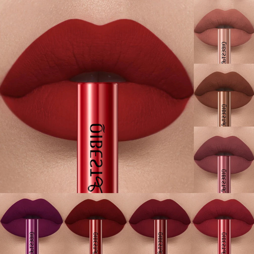 QIBEST Sexy Lipgloss Lasting Velvet Matte Lip Gloss Liquid Lipstick Makeup Women Beauty Nonstick Cup Waterproof Red Lipstick Qme