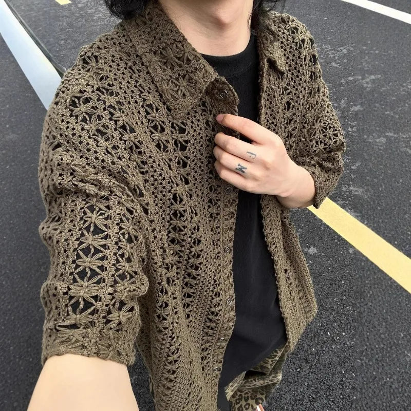 Men's Green Openwork Shirt Short-sleeved Jacket Summer Thin Retro Qme