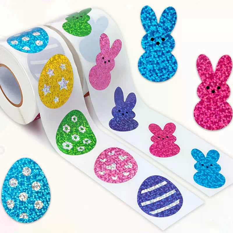 500pcs/roll Easter Bunny Carrot Stickers Holographic Waterproof Stickers For Easter Egg Hunt, Party Decorations, Scrapbooking Qme