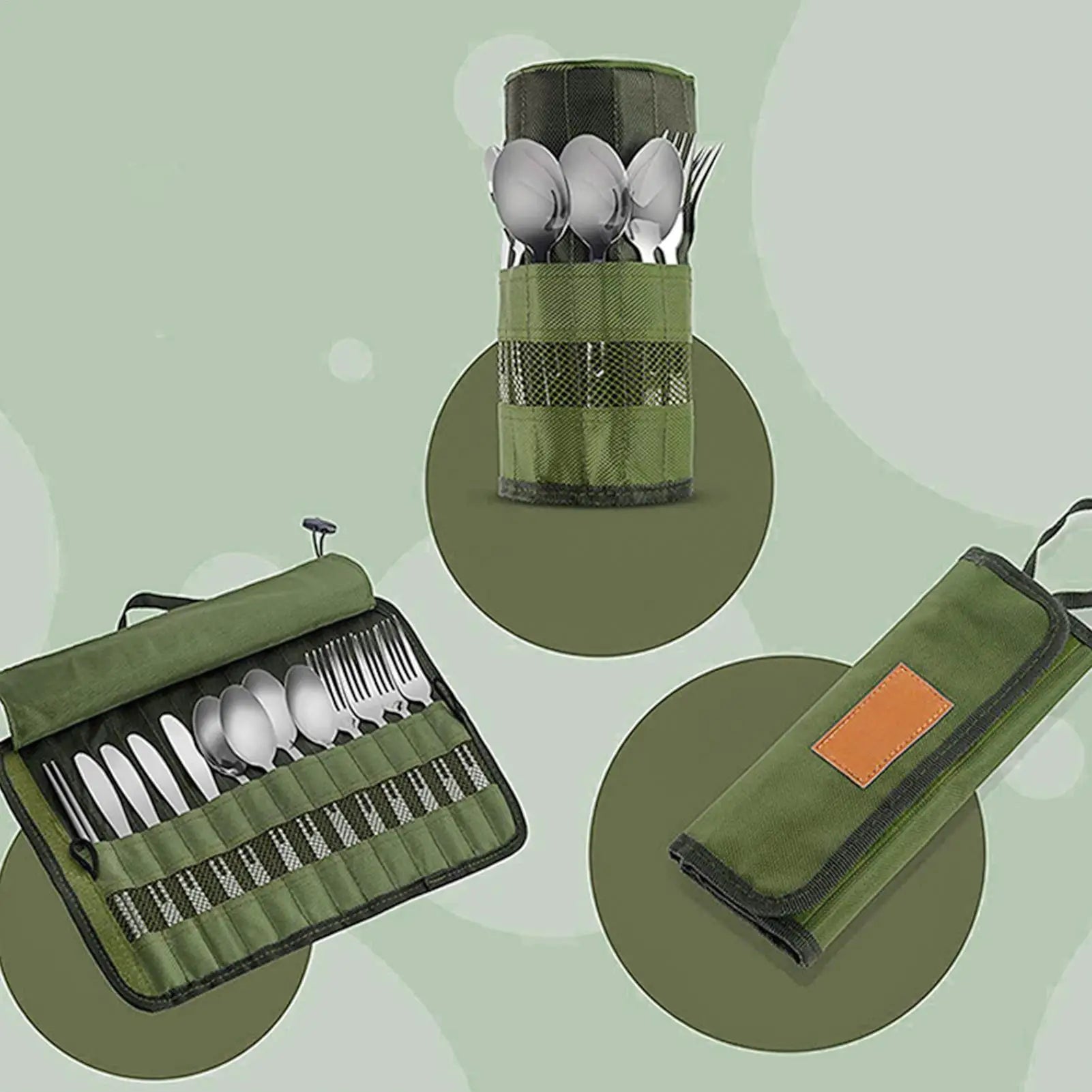 Camping Cutlery Roll Bag Kitchen Cooking Utensil Set Travel Organizer Multi-function Cutlery Pouch Holder Forks Spoons Chopstick Qme