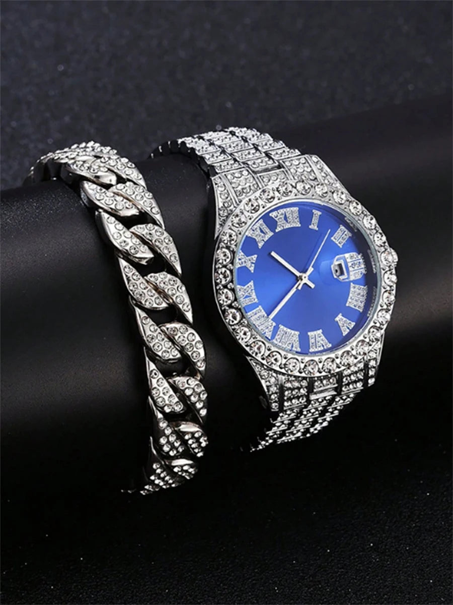 Hip Hop Watch Male Watch Luxury Water Proof Brand Watches Stainless Steel Round Clock Men Quartz Wristwatches Gift Boyfriend Qme silver blue set