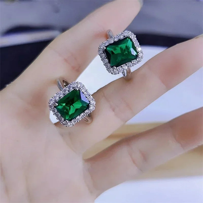 Luxury Elegant Sparkling Emerald Open Zircon Ring for Women Adjustable Luxury Silver Color Inlaid Square Green Pink Zircon Rings Qme