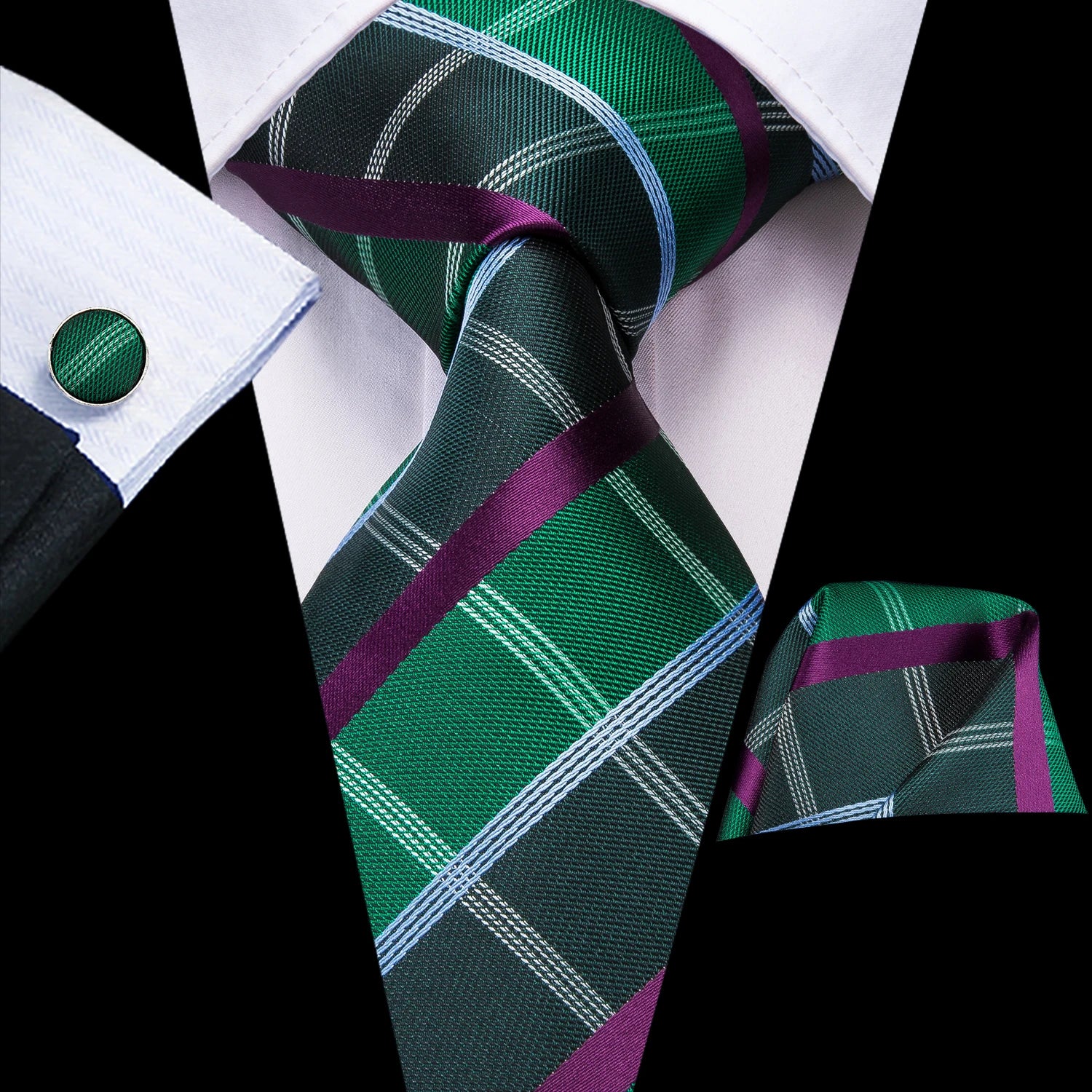 Designer Wedding Tie Men Blue White Plaid Handky Cufflink Red Gray