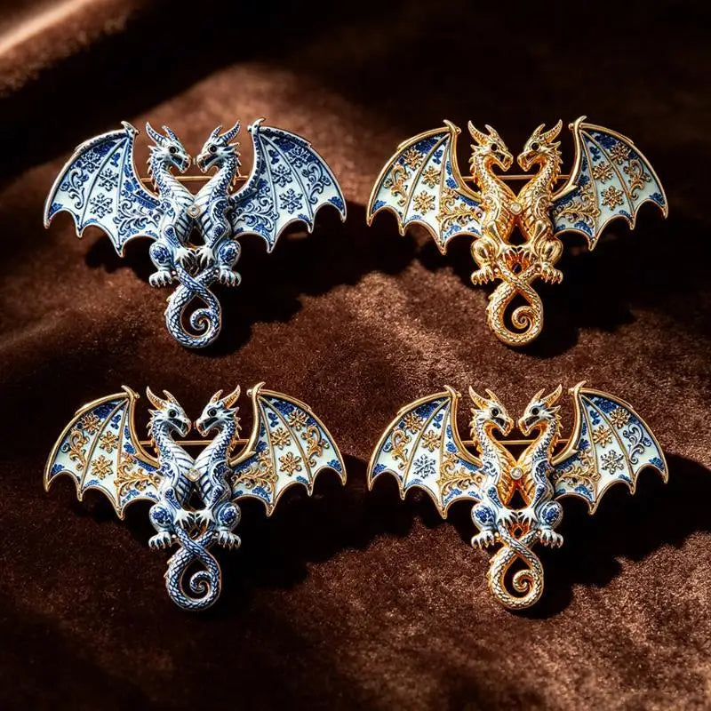 1Pcs Animal Double Headed Dragon Design Brooches for Men and Women Blue-and-White Porcelain-Inspired Jewelry Fashion Accessories Qme