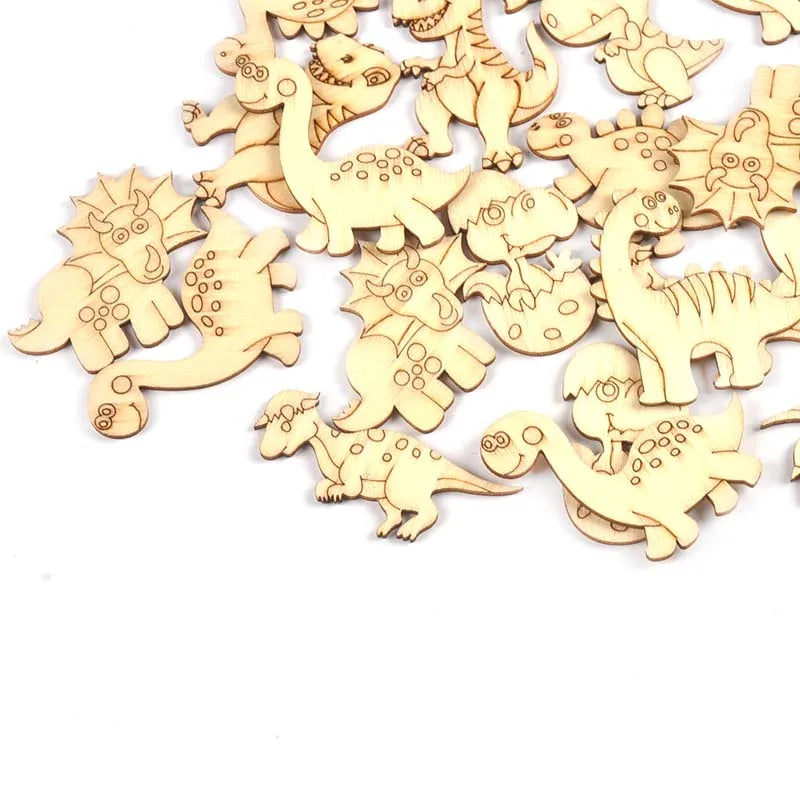 25pcs 30-50mm Cartoon Dinosaurs Wood Slices For DIY Scrapbook Carfts Handmade Accessories Wooden Ornament Home Decor Cute Arts Qme