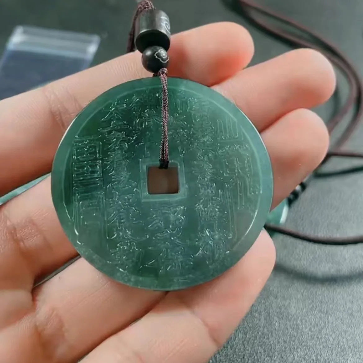 Natural Jadeite Blue Water Ancient Coins Jade Pendant Necklace Lucky Bagua Jewelry Suitable for Men and Women Qme