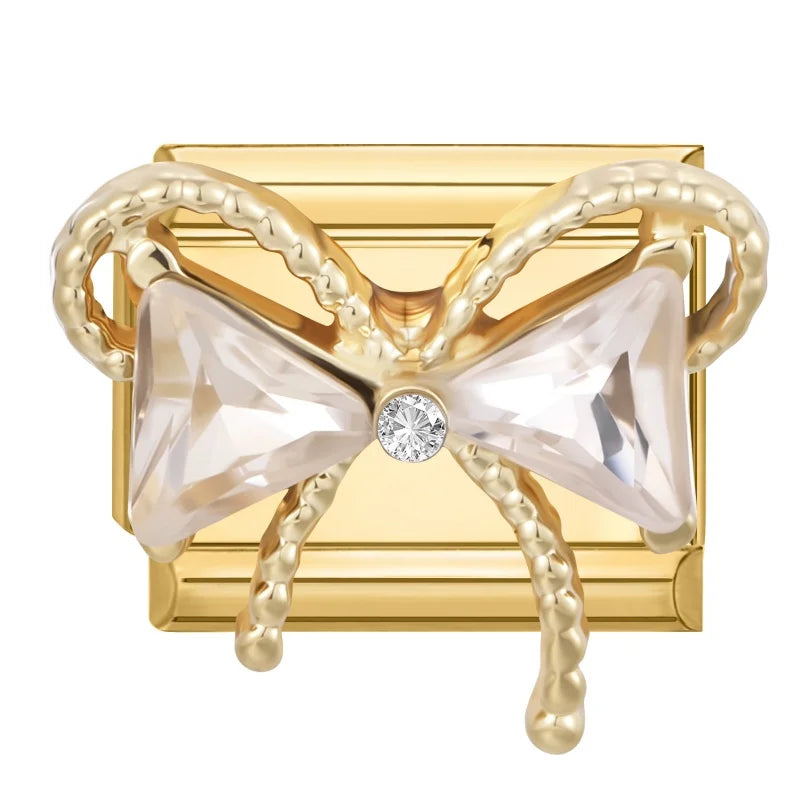 Premium Gold Color Zircon Bowknot Italian Charm Bracelet Stainless Steel Elastic Bracelet Link Bangle DIY Women Men Jewelry Gift Qme Style 14
