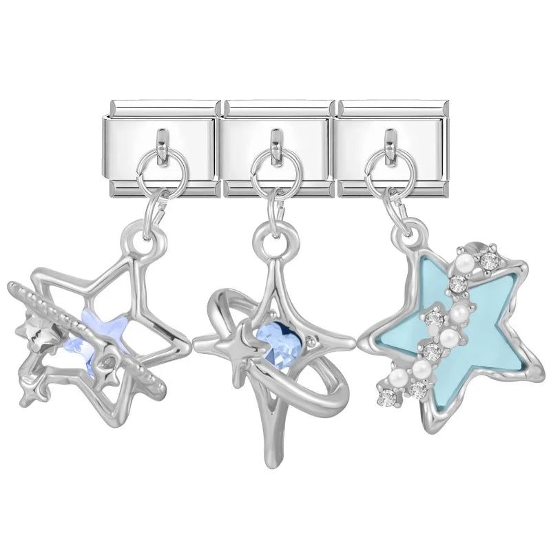 Wholesale 3Pcs Shiny Zircon Stars Bow Knot Italian Charm Links Fit 9mm Stainless Steel Bracelet Women Jewelry DIY Making Gifts Qme Style 12