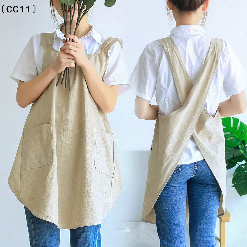 Cross Back Aprons Women Smock Apron Pockets Cute Gardening Dress Qme