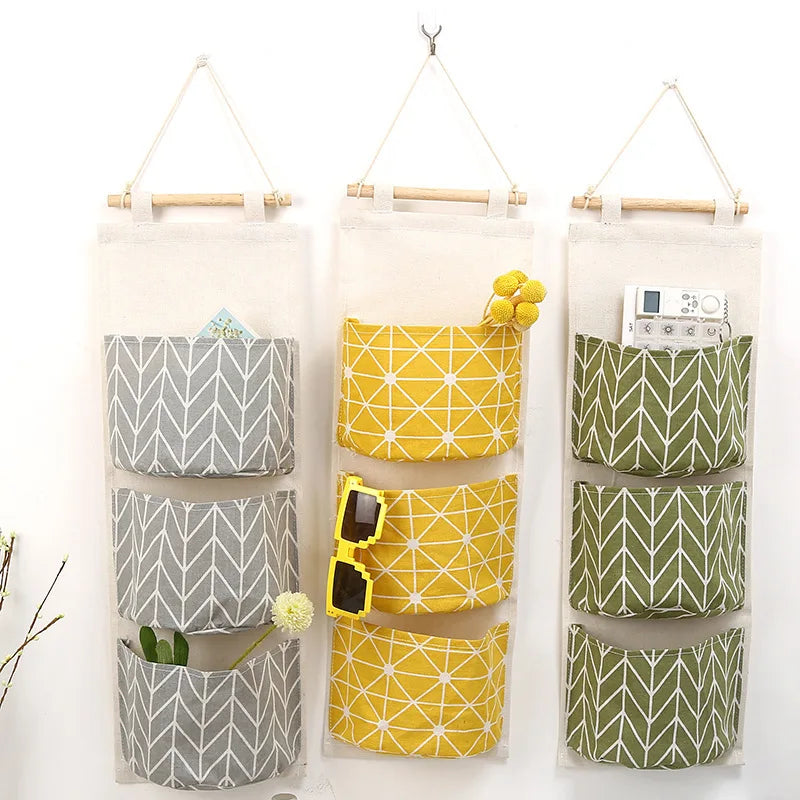 Three Pockets Hanging Wall Storage Bag Household Bedroom Living Room Kitchen Cotton Linen Storage Bag Qme